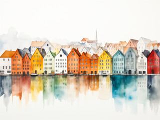 Minimal watercolour of Norway. View of Bergen, facades front view, tranquil surfaces, watercolor - 790338907
