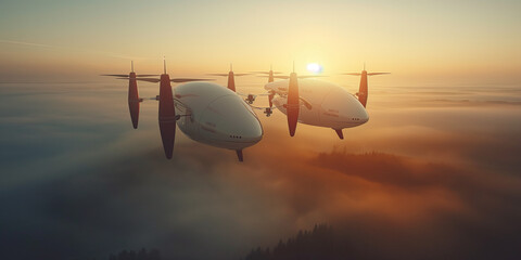 Moderne Drohnen Luftfahrzeuge zur Personenbeförderung fliegen in der Luft, ai generativ - obrazy, fototapety, plakaty