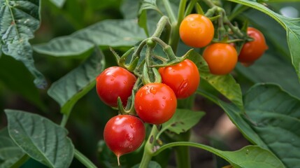 Tomatoes mature on garden vine
