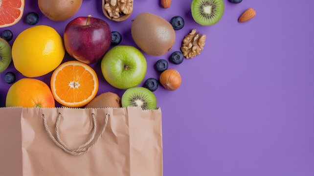 Assorted fresh fruits spilling from brown paper bag onto purple surface