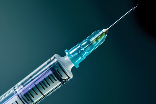 A detailed view of a syringe with a needle protruding from the end, Detailed close up of a hypodermic needle, AI Generated
