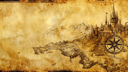 Aged fantasy map with castle, mountains, compass