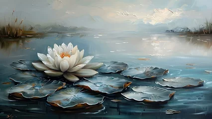 Foto op Canvas Serene Symphony: A Water Lily's Purity at Dawn. Concept Nature Photography, Water Lilies, Dawn Impressions © Ян Заболотний