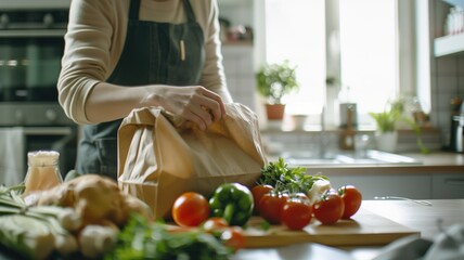 Person unpacking paper grocery bag filled with fresh vegetables in home kitchen