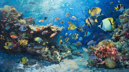 Naklejka na ściany i meble Tropical fish frenzy: A diverse array of tropical fish congregates around a vibrant coral outcrop, creating a bustling underwater scene.