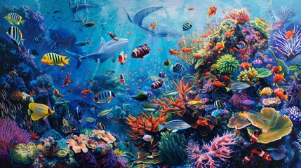 Fototapeta na wymiar Tropical fish frenzy: A diverse array of tropical fish congregates around a vibrant coral outcrop, creating a bustling underwater scene.