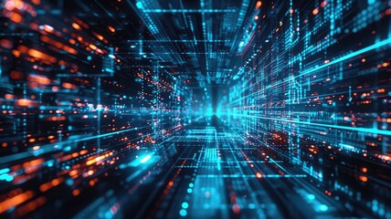 Abstract digital landscape with blue and red neon lines simulating high-speed data stream