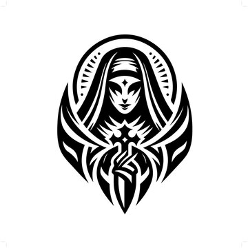 recommend clip art: nun in modern tribal tattoo, abstract line art of people, minimalist contour. Vector