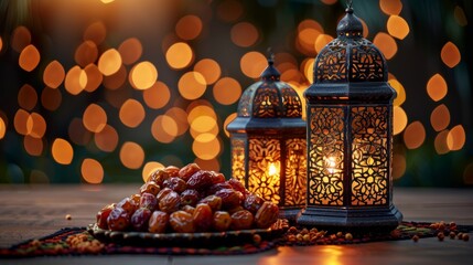 Decorative Arabic lanterns with burning candles. Shiny golden bokeh lights. A plate with dates on the table - 790340502