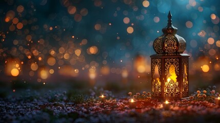 Decorative Arabic lantern with a burning candle glowing at night and sparkling golden bokeh lights - 790340508