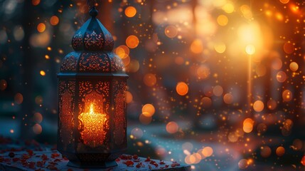 Decorative Arabic lantern with a burning candle glowing at night and sparkling golden bokeh lights - 790340511