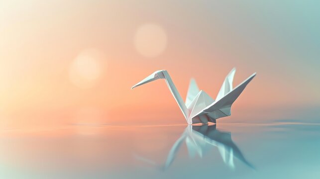 Minimalist composition featuring a delicate origami crane positioned on a reflective surface with a soft, diffused light setting, perfect for cultural presentations and artistic expressions