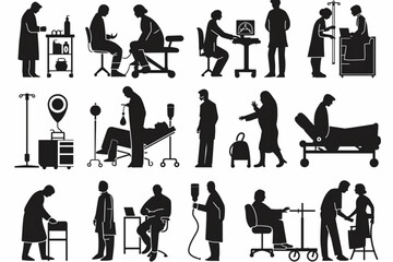 Set of medical care scenes. Doctor and patient, ultrasound examination, caring for the elderly vector icon, white background, black colour icon