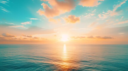 Captivating landscape shot depicting an infinite horizon where the sky meets the ocean, bathed in golden sunlight, perfect for travel brochures or inspirational wall art - obrazy, fototapety, plakaty