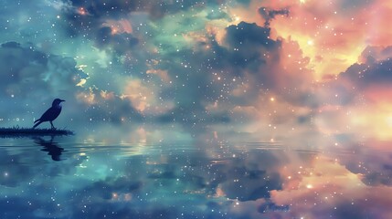 Ethereal landscape showing a delicate perch overlooking a vast cosmic ocean, with galaxies and nebulae reflecting off tranquil celestial waters, ideal for serene and introspective art pieces - obrazy, fototapety, plakaty