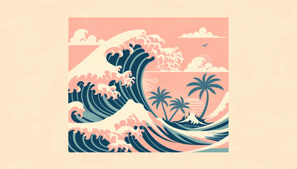 Fototapeta na wymiar Vintage retro style wave design with palm trees