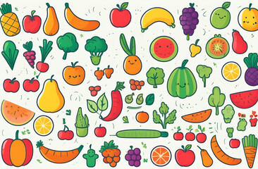 Obraz premium Illustration, drawn vegetables and fruits ingredients, healthy eating