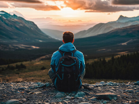 Mochilero sentado contemplando el paisaje, concepto de aventuras y &eacute;xito