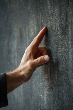 A man pointing at something on a wall with his finger, AI