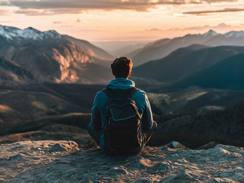 Hombre de espaldas contemplando paisaje de monta&ntilde;a, concepto de &eacute;xito y liderazgo
