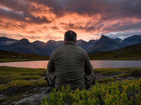 Hombre sentado en el lago, concepto de viajes, &eacute;xito y actitud positiva