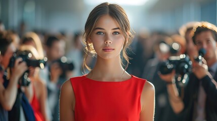 young woman in a minimalistic red dress walks down the catwalk.