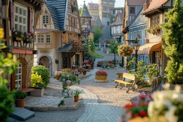 Fototapeta na wymiar miniature models of a charming village square filled with miniature buildings crafted with intricate detail