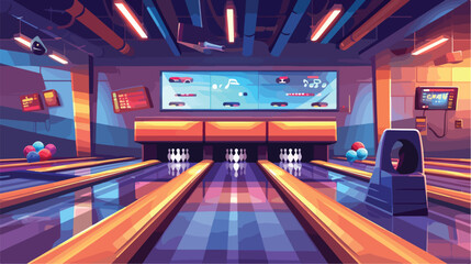 Bowling alley flat vector illustration. Cartoon emp - obrazy, fototapety, plakaty