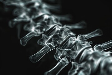 A black and white photograph capturing a long line of bones stretching across the image, Detailed view of the human spine in X-ray, AI Generated - obrazy, fototapety, plakaty
