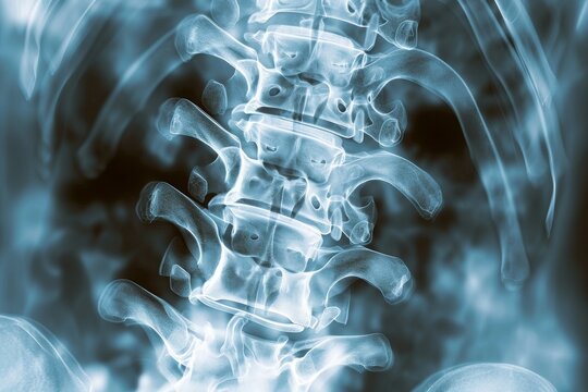 A factual x-ray image showcasing the structure of a human skeleton, Detailed view of the human spine in X-ray, AI Generated