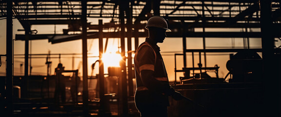 A silhouette of construction electrician working in a factory, worker with helmet, electrical worker in action