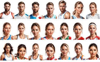 Diverse group of athletes in sportswear, representing different countries, isolated on transparent background, ideal for Olympic or international sports events concepts