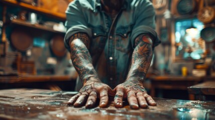 A man with tattoos on his arms and hands working in a kitchen, AI - Powered by Adobe