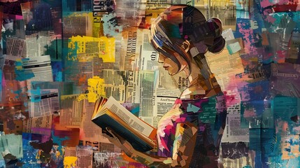 Fototapeta premium Woman reading a book in colorful newspaper scraps style