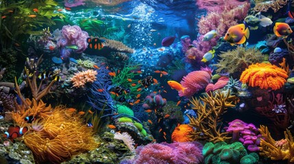Tropical sea garden: An underwater garden of colorful coral and exotic marine plants creates a mesmerizing backdrop for a thriving ecosystem.