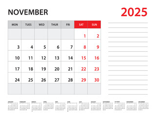 November 2025 year - Calendar 2025 template vector, week start on monday, Desk calendar 2025 year, Wall calendar design, corporate planner template, Stationery, organizer diary, vector
