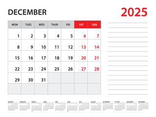 December 2025 year - Calendar 2025 template vector, week start on monday, Desk calendar 2025 year, Wall calendar design, corporate planner template, Stationery, organizer diary, vector