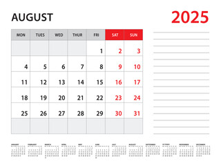 August 2025 year - Calendar 2025 template vector, week start on monday, Desk calendar 2025 year, Wall calendar design, corporate planner template, Stationery, organizer diary, vector