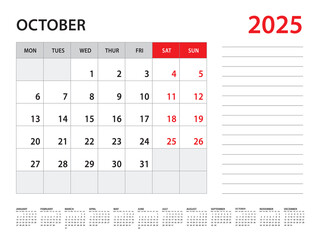October 2025 year - Calendar 2025 template vector, week start on monday, Desk calendar 2025 year, Wall calendar design, corporate planner template, Stationery, organizer diary, vector