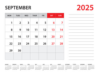 September 2025 year - Calendar 2025 template vector, week start on monday, Desk calendar 2025 year, Wall calendar design, corporate planner template, Stationery, organizer diary, vector