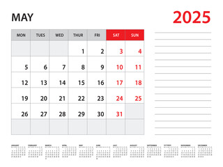May 2025 year - Calendar 2025 template vector, week start on monday, Desk calendar 2025 year, Wall calendar design, corporate planner template, Stationery, organizer diary, vector