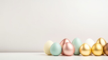 Stunning minimalist Easter backdrop with vibrant eggs, a golden ceramic Easter bunny, and a spacious central area for text.