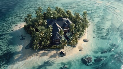A secluded island hideaway with exclusive beach access and luxurious villas nestled amidst tropical foliage, offering unparalleled privacy and tranquility in a setting of natural beauty - obrazy, fototapety, plakaty