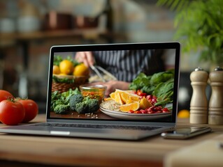 A laptop screen shows a person preparing food with a variety of vegetables, including broccoli, tomatoes, and oranges. Concept of health and wellness, as the person is creating a nutritious meal