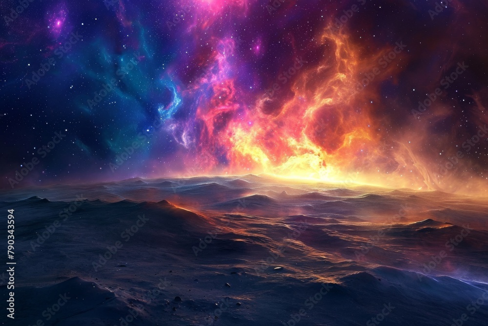 Sticker a vibrant and dynamic space scene featuring a multitude of stars and billowing clouds, digital illus