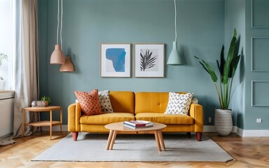 Colorful interior with sofa. Cozy room with comfortable couch and pillows., photo, stock photo, stock images, life stock, blog, luxury home	