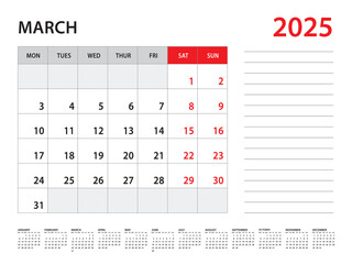 March 2025 year - Calendar 2025 template vector, week start on monday, Desk calendar 2025 year, Wall calendar design, corporate planner template, Stationery, organizer diary, vector