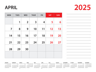 April 2025 year - Calendar 2025 template vector, week start on monday, Desk calendar 2025 year, Wall calendar design, corporate planner template, Stationery, organizer diary, vector