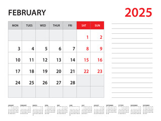 February 2025 year - Calendar 2025 template vector, week start on monday, Desk calendar 2025 year, Wall calendar design, corporate planner template, Stationery, organizer diary, vector
