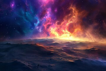A vibrant and dynamic space scene featuring a multitude of stars and billowing clouds, Digital illustration of a vibrant nebula viewed from alien planet surface, AI Generated